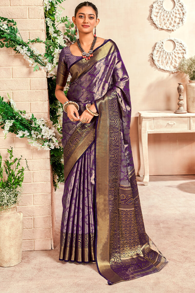 Preferable Purple Kanjivaram Silk Saree With Desirable Blouse Piece