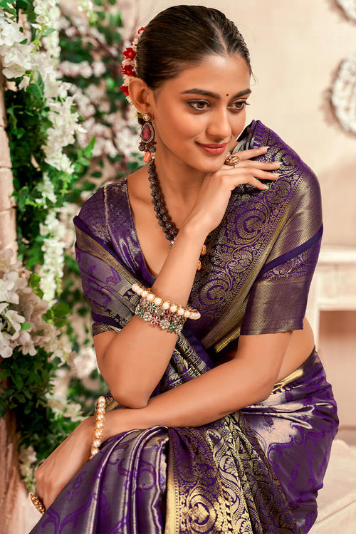 Load image into Gallery viewer, Preferable Purple Kanjivaram Silk Saree With Desirable Blouse Piece
