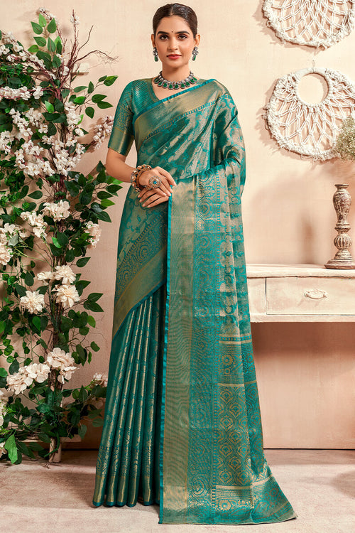 Load image into Gallery viewer, Fairytale Turquoise Kanjivaram Silk Saree With Comely Blouse Piece
