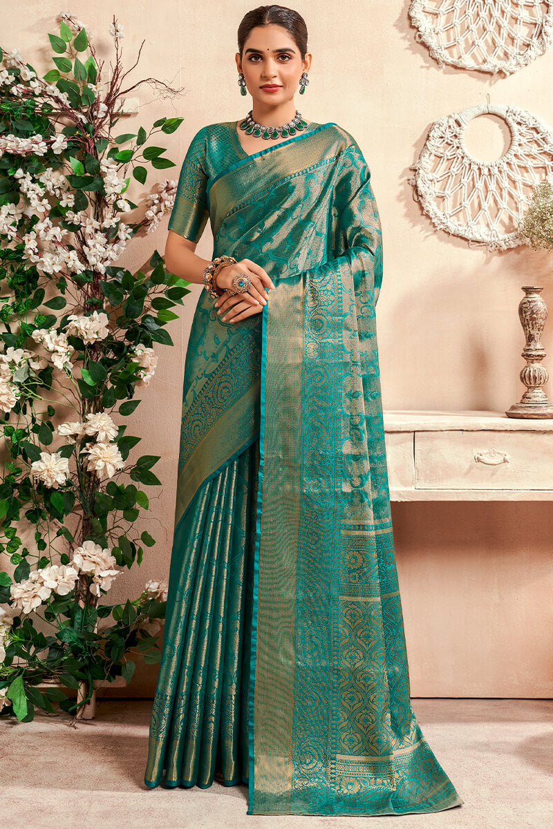 Fairytale Turquoise Kanjivaram Silk Saree With Comely Blouse Piece