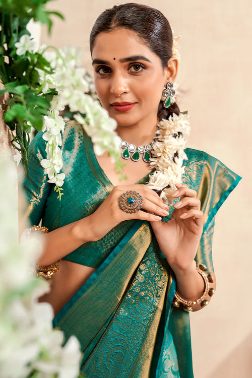 Load image into Gallery viewer, Fairytale Turquoise Kanjivaram Silk Saree With Comely Blouse Piece
