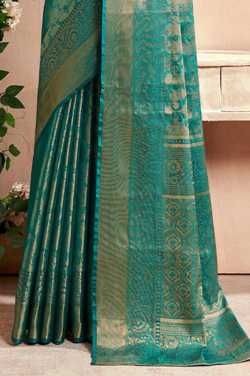 Load image into Gallery viewer, Fairytale Turquoise Kanjivaram Silk Saree With Comely Blouse Piece
