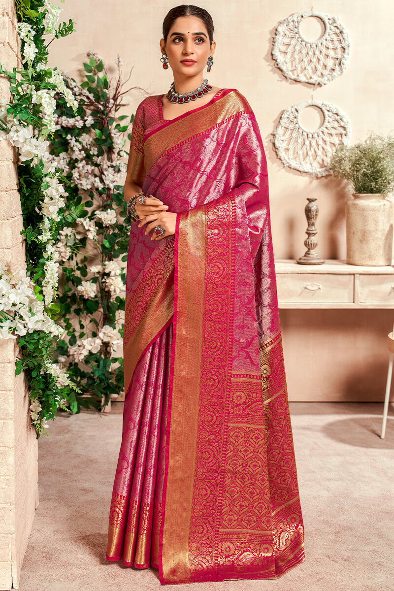 Panoply Dark Pink Kanjivaram Silk Saree With Woebegone Blouse Piece