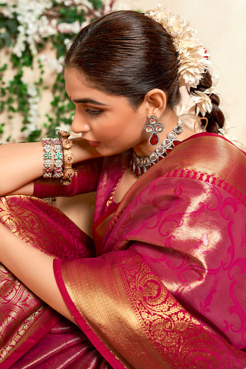 Load image into Gallery viewer, Panoply Dark Pink Kanjivaram Silk Saree With Woebegone Blouse Piece
