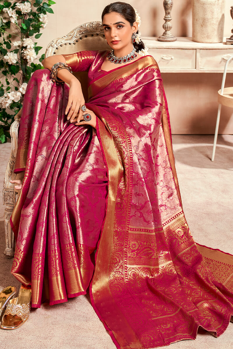 Panoply Dark Pink Kanjivaram Silk Saree With Woebegone Blouse Piece