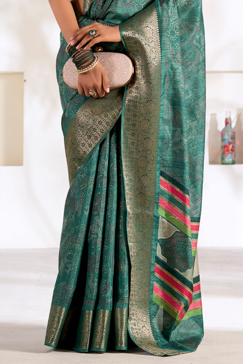 Panoply Rama Digital Printed Dola Silk Saree With Chatoyant Blouse Piece