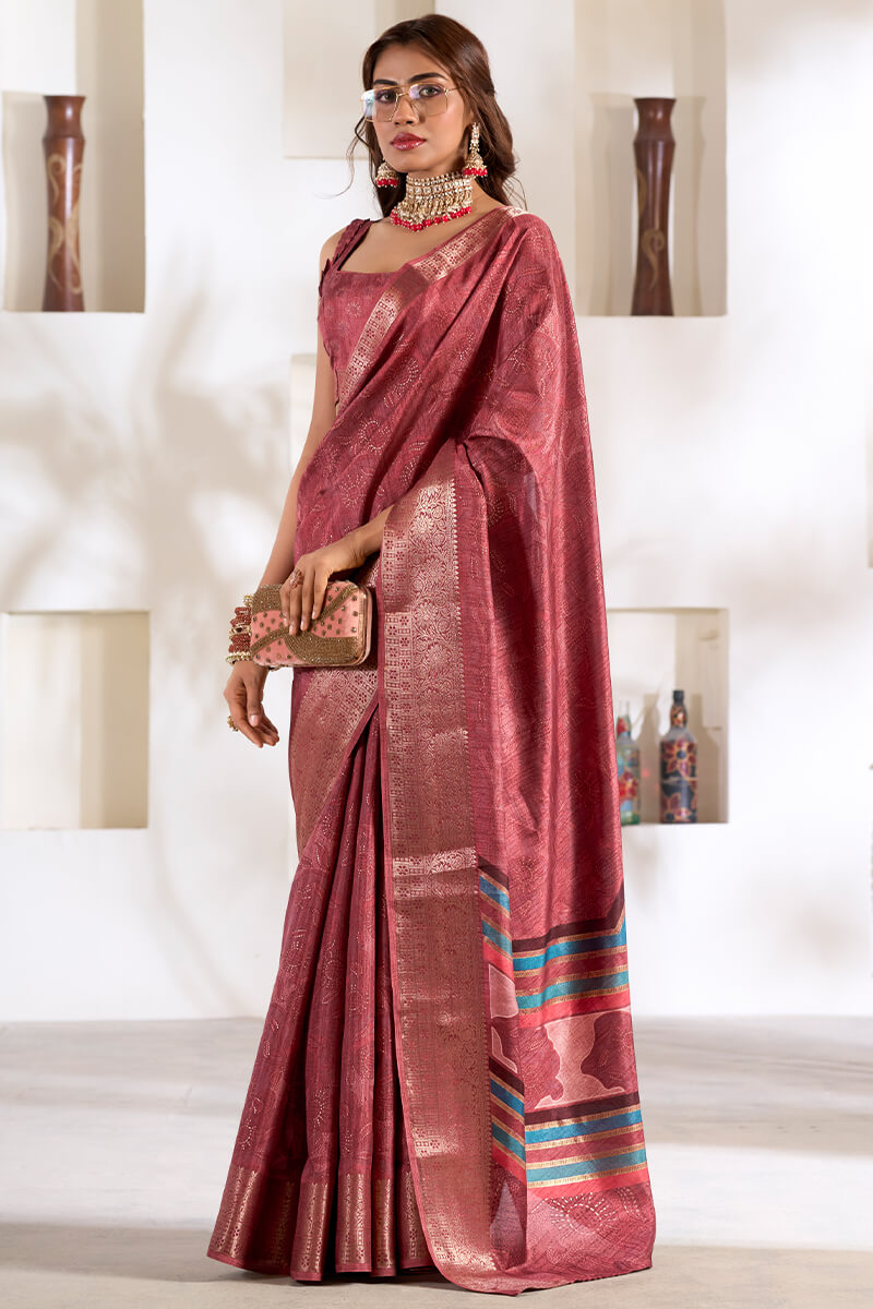 Comely Maroon Digital Printed Dola Silk Saree With Arresting Blouse Piece