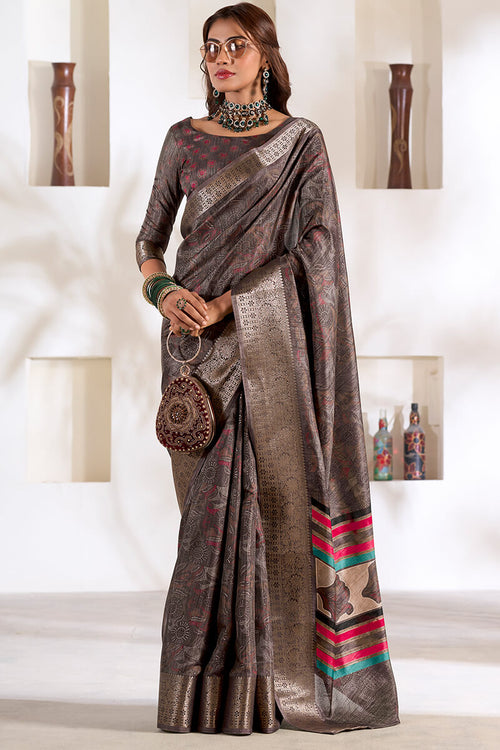 Load image into Gallery viewer, Phenomenal Grey Digital Printed Dola Silk Saree With Elegant Blouse Piece
