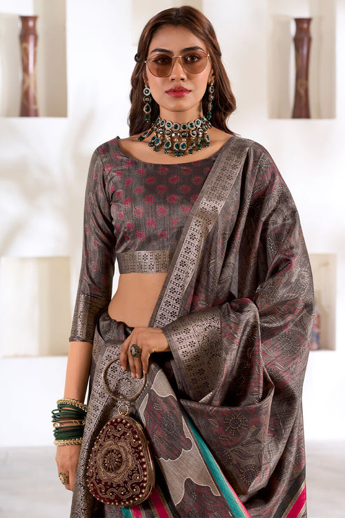 Load image into Gallery viewer, Phenomenal Grey Digital Printed Dola Silk Saree With Elegant Blouse Piece
