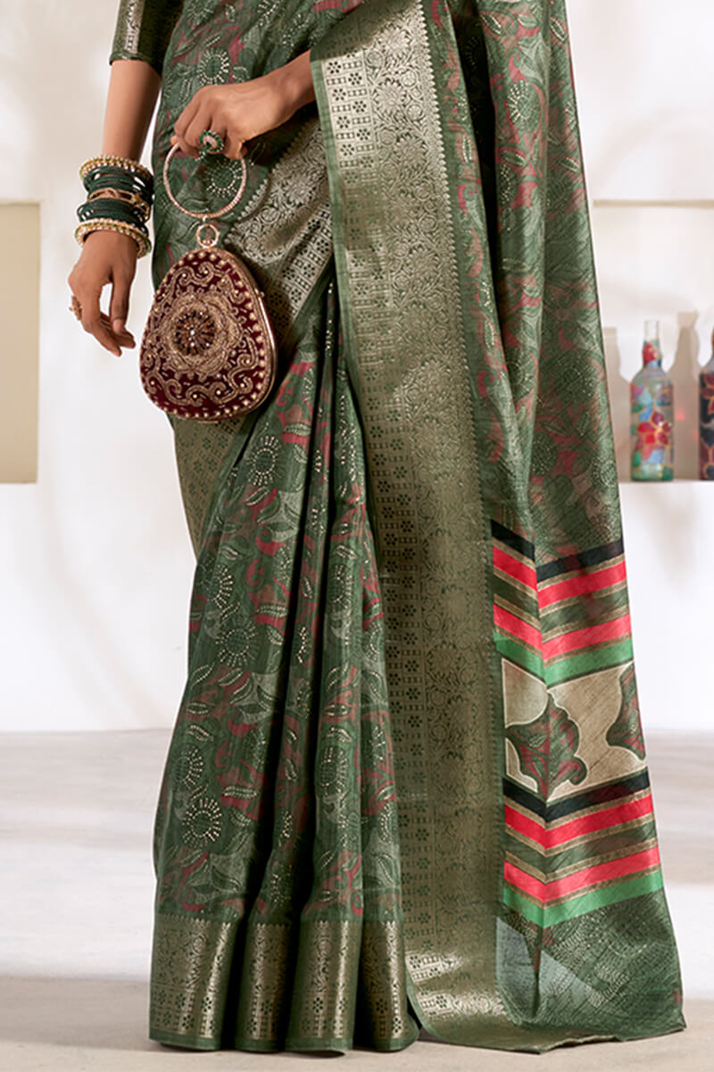 Beauteous Green Digital Printed Dola Silk Saree With Lassitude Blouse Piece