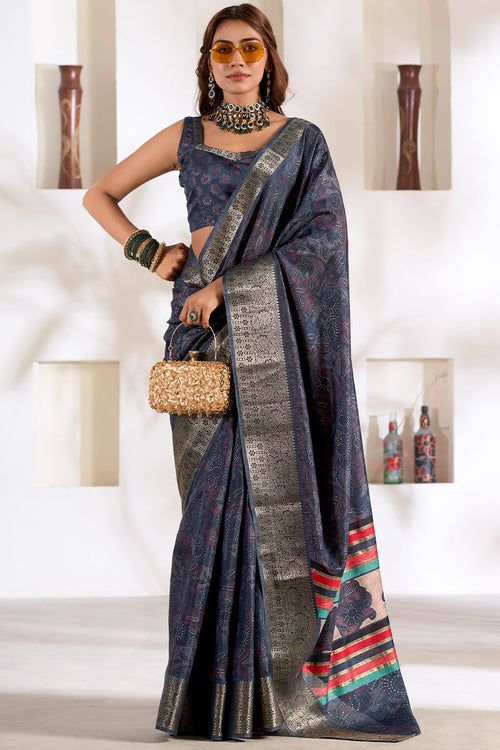 Load image into Gallery viewer, Confounding Blue Digital Printed Dola Silk Saree With Vivacious Blouse Piece
