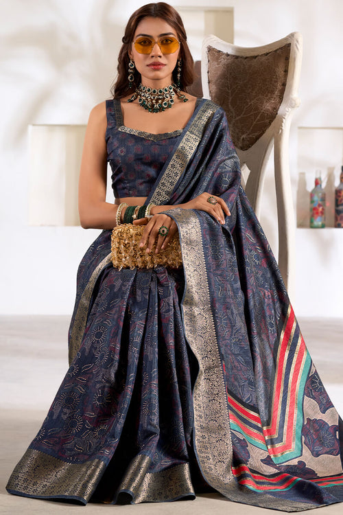 Load image into Gallery viewer, Confounding Blue Digital Printed Dola Silk Saree With Vivacious Blouse Piece
