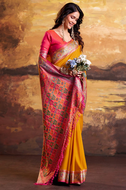 Skinny Yellow Patola Silk Saree with Luminous Blouse Piece