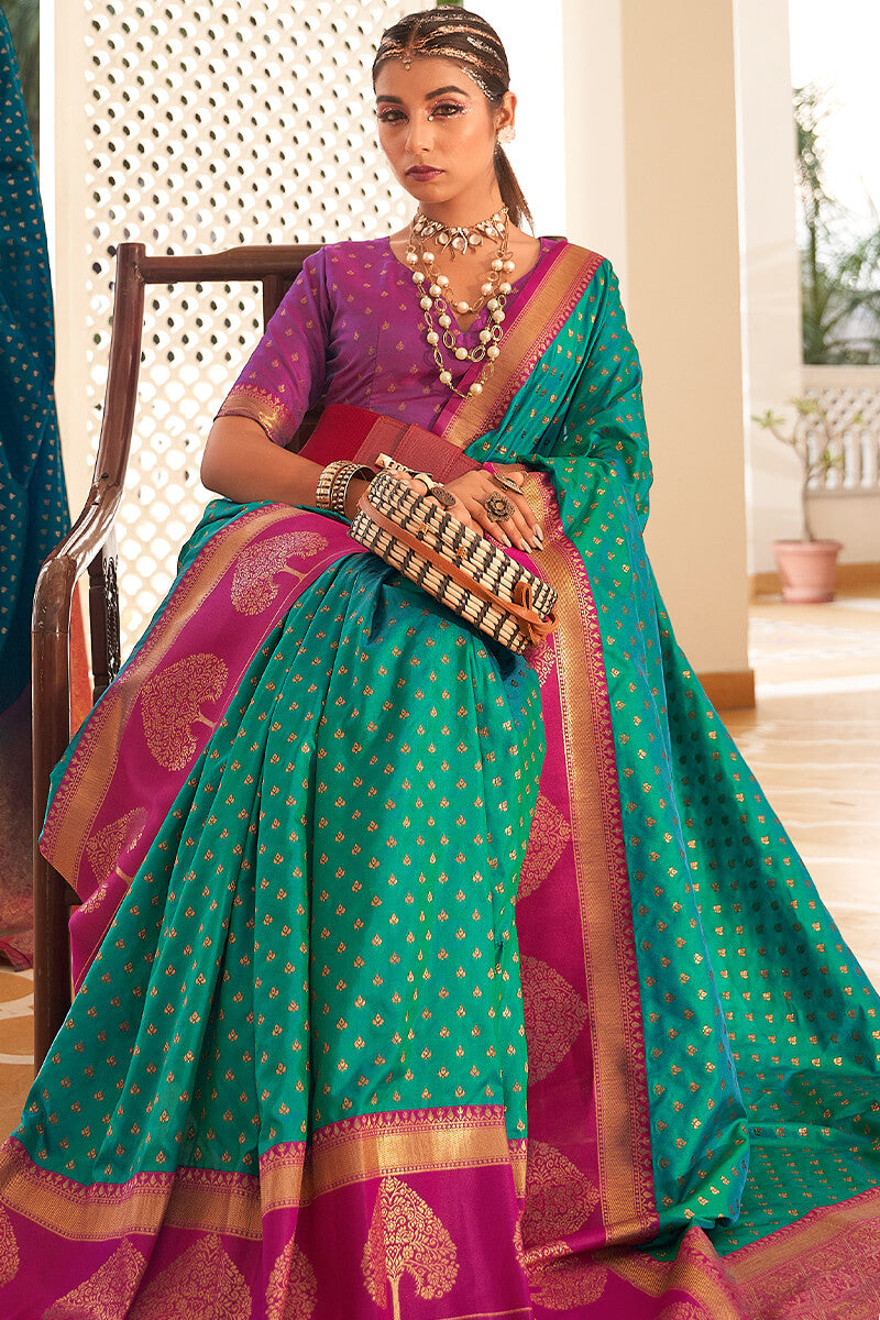 Refreshing Sea Green Soft Banarasi Silk Saree With Outstanding Blouse Piece