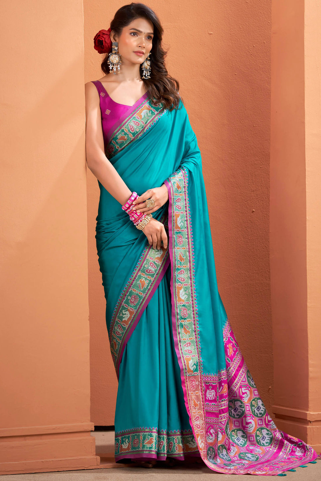 Unequalled Firozi Patola Silk Saree with Beautiful Blouse Piece