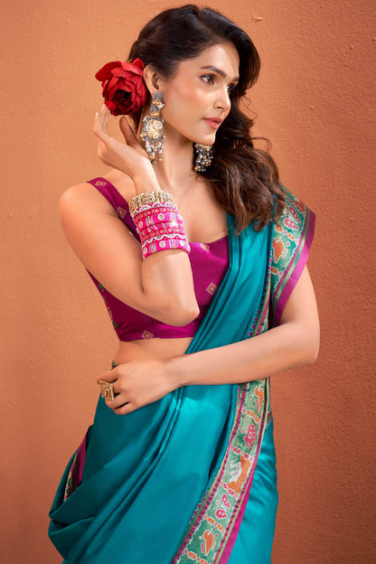 Unequalled Firozi Patola Silk Saree with Beautiful Blouse Piece
