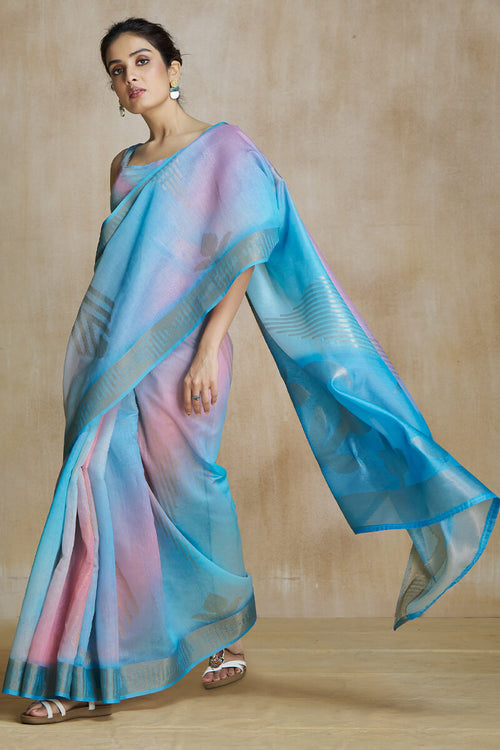 Load image into Gallery viewer, Woebegone Sky Soft Banarasi Silk Saree With Palimpsest Blouse Piece
