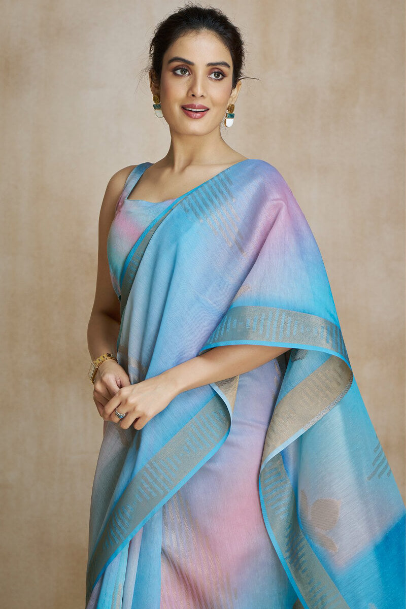 Woebegone Sky Soft Banarasi Silk Saree With Palimpsest Blouse Piece