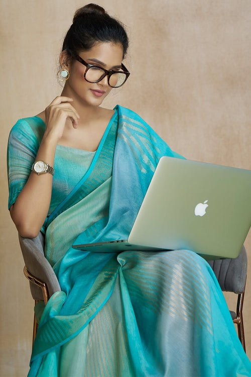 Load image into Gallery viewer, Ravishing Turquoise Soft Banarasi Silk Saree With Ethereal Blouse Piece
