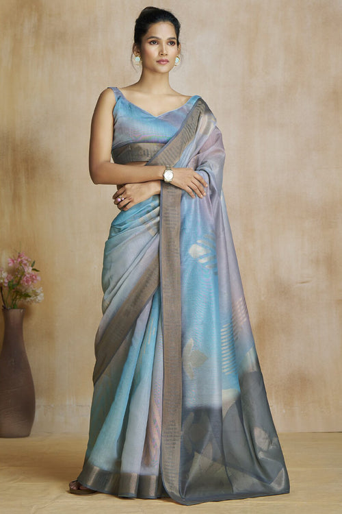 Load image into Gallery viewer, Ornate Grey and Sky Soft Banarasi Silk Saree With Supernal Blouse Piece
