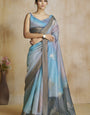 Ornate Grey and Sky Soft Banarasi Silk Saree With Supernal Blouse Piece