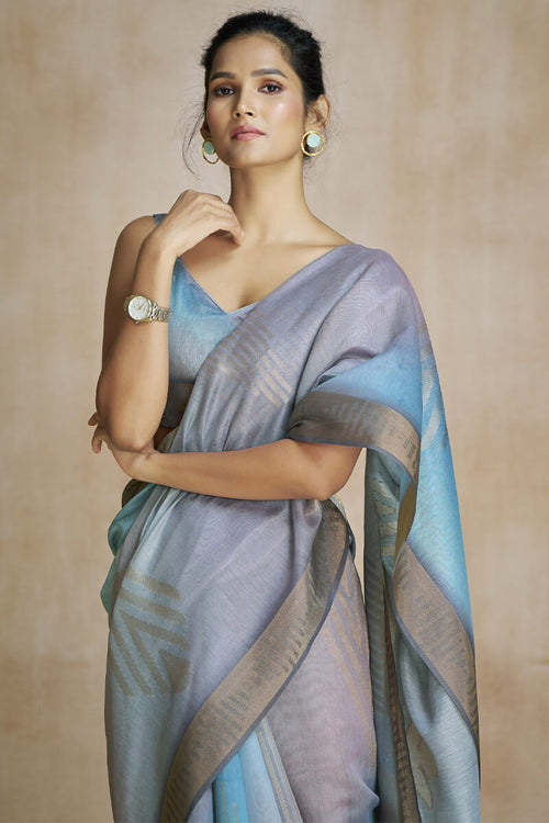 Load image into Gallery viewer, Ornate Grey and Sky Soft Banarasi Silk Saree With Supernal Blouse Piece
