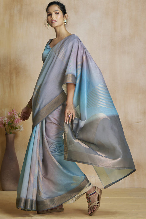 Load image into Gallery viewer, Ornate Grey and Sky Soft Banarasi Silk Saree With Supernal Blouse Piece
