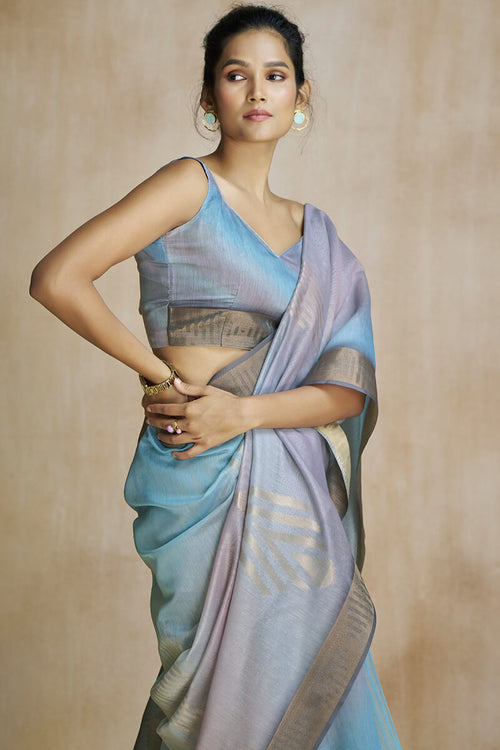 Load image into Gallery viewer, Ornate Grey and Sky Soft Banarasi Silk Saree With Supernal Blouse Piece
