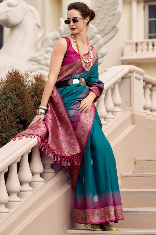 Load image into Gallery viewer, Preferable Rama Soft Banarasi Silk Saree With Ethnic Blouse Piece
