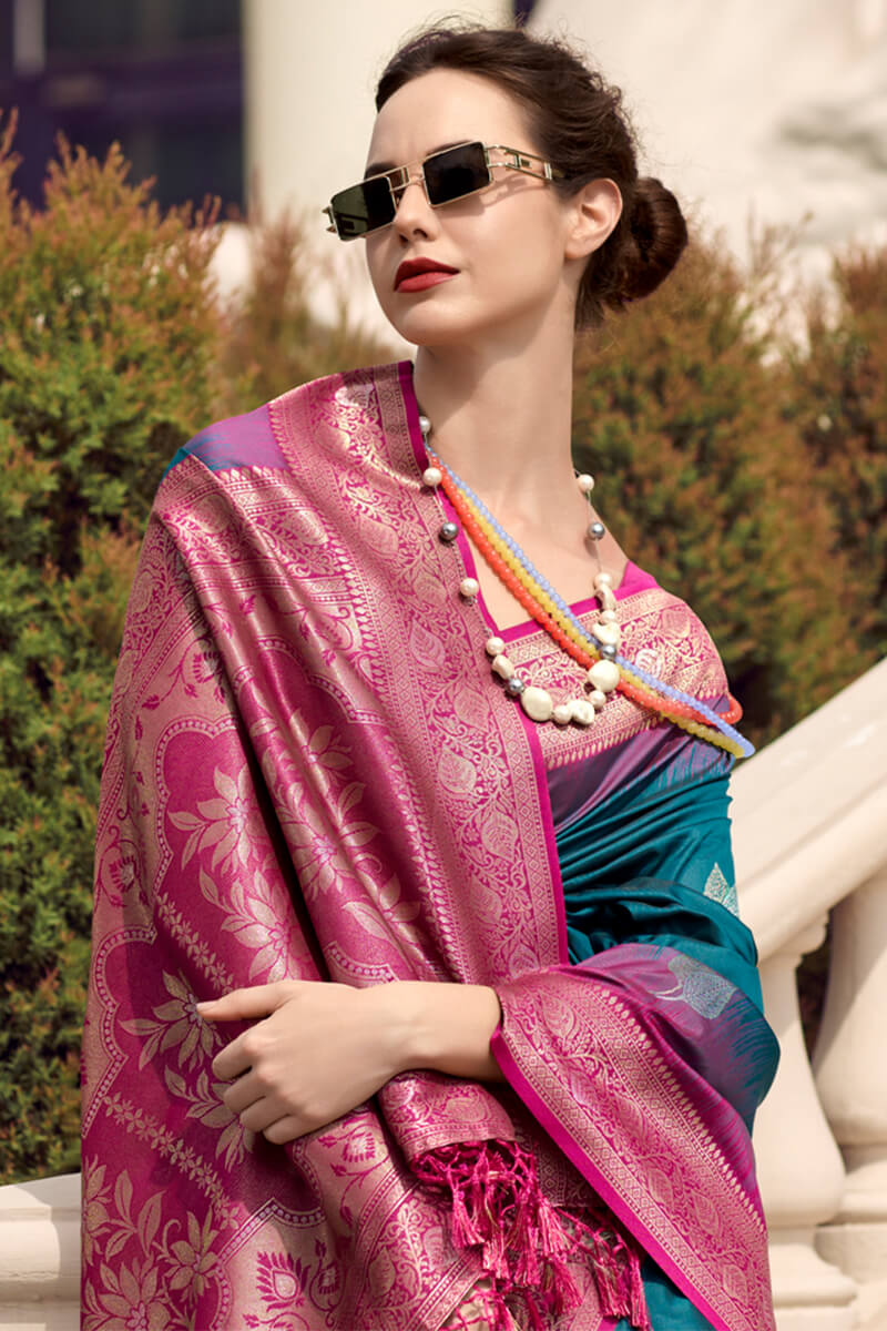 Preferable Rama Soft Banarasi Silk Saree With Ethnic Blouse Piece