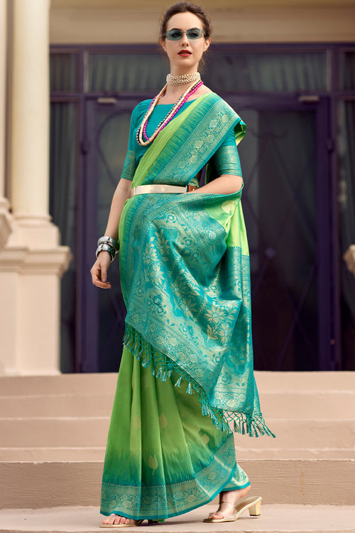 Load image into Gallery viewer, Desuetude Green Soft Banarasi Silk Saree With Palimpsest Blouse Piece
