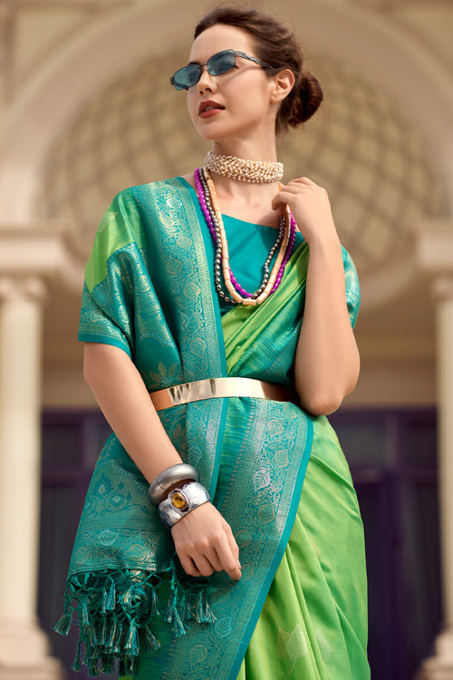 Load image into Gallery viewer, Desuetude Green Soft Banarasi Silk Saree With Palimpsest Blouse Piece
