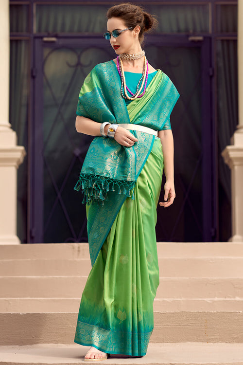 Load image into Gallery viewer, Desuetude Green Soft Banarasi Silk Saree With Palimpsest Blouse Piece
