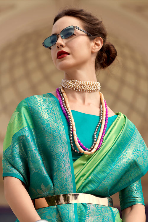 Load image into Gallery viewer, Desuetude Green Soft Banarasi Silk Saree With Palimpsest Blouse Piece
