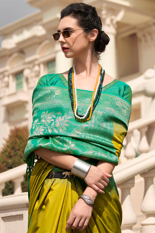 Load image into Gallery viewer, Exquisite Mehndi Soft Banarasi Silk Saree With Majestic Blouse Piece
