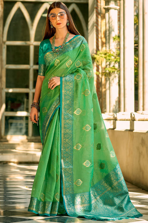 Load image into Gallery viewer, Innovative Parrot Soft Banarasi Tissue Silk Saree With Glowing Blouse Piece
