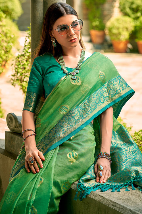 Load image into Gallery viewer, Innovative Parrot Soft Banarasi Tissue Silk Saree With Glowing Blouse Piece
