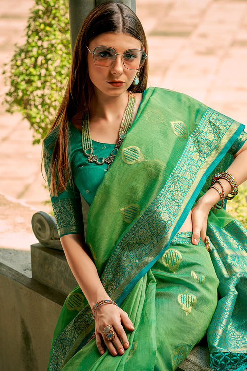 Load image into Gallery viewer, Innovative Parrot Soft Banarasi Tissue Silk Saree With Glowing Blouse Piece
