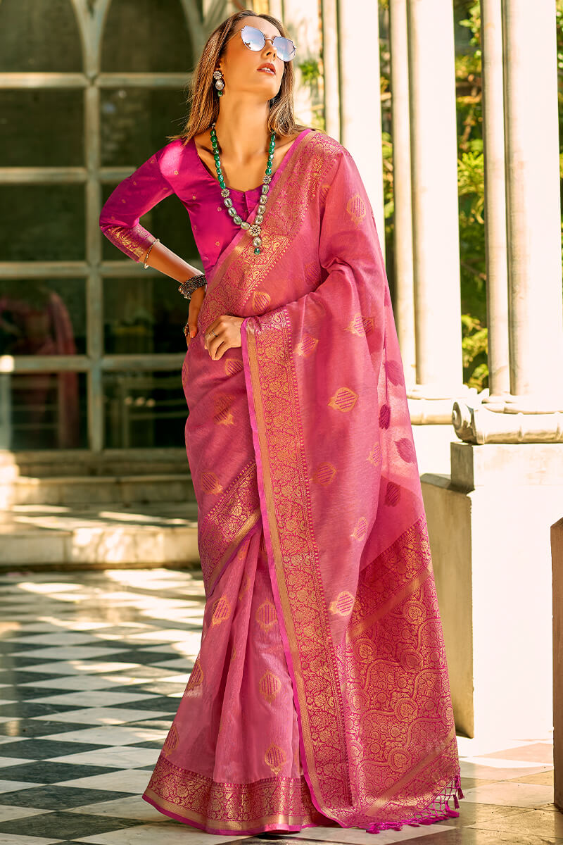 Ravishing Dark Pink Soft Banarasi Tissue Silk Saree With Inspiring Blouse Piece