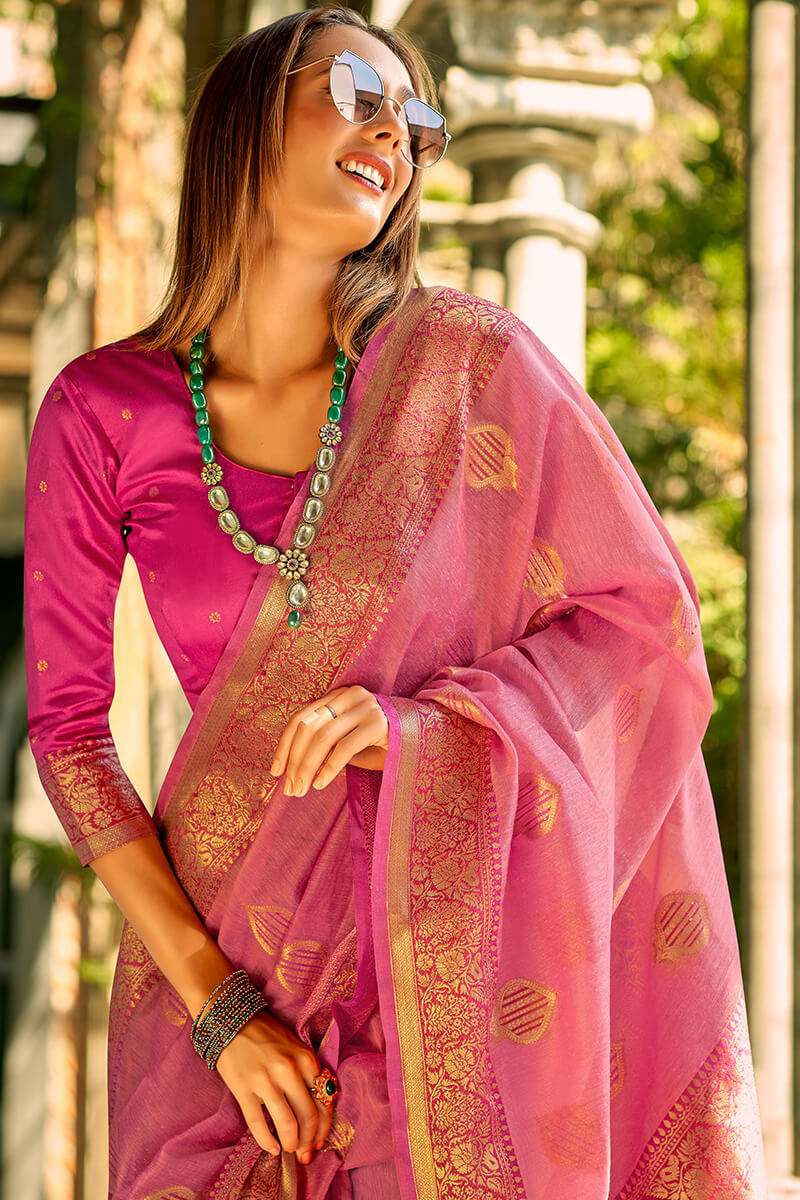 Ravishing Dark Pink Soft Banarasi Tissue Silk Saree With Inspiring Blouse Piece