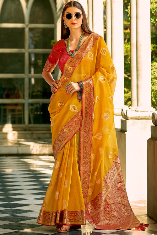 Load image into Gallery viewer, Ailurophile Yellow Soft Banarasi Tissue Silk Saree With Ebullience Blouse Piece
