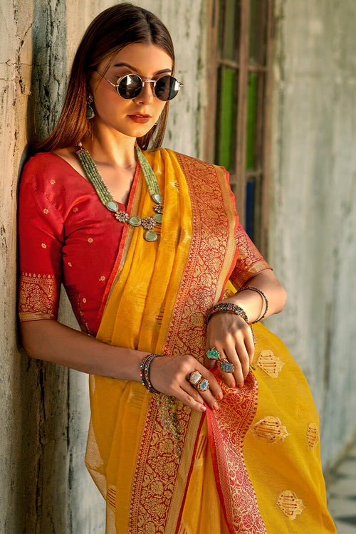 Load image into Gallery viewer, Ailurophile Yellow Soft Banarasi Tissue Silk Saree With Ebullience Blouse Piece
