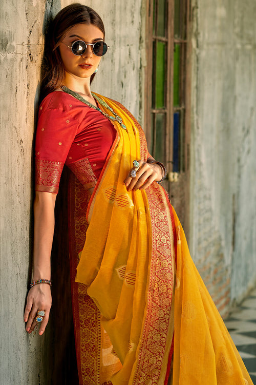 Load image into Gallery viewer, Ailurophile Yellow Soft Banarasi Tissue Silk Saree With Ebullience Blouse Piece
