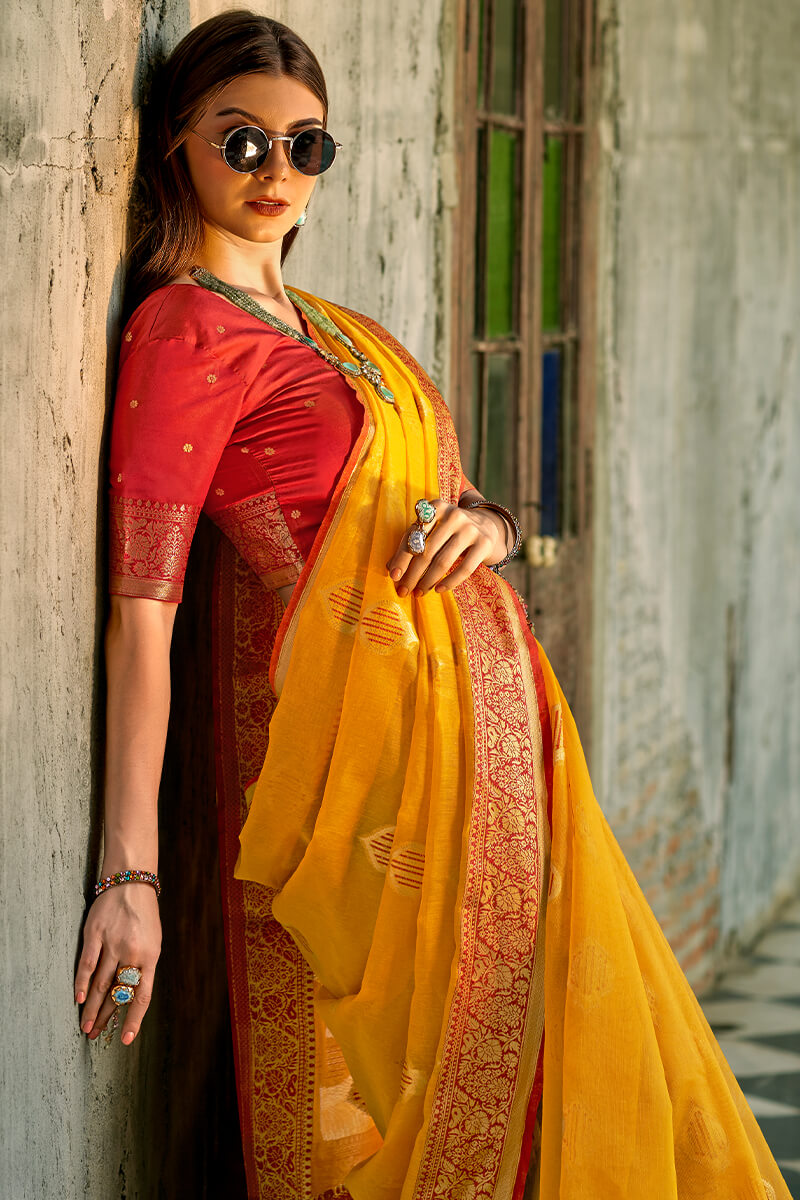 Ailurophile Yellow Soft Banarasi Tissue Silk Saree With Ebullience Blouse Piece