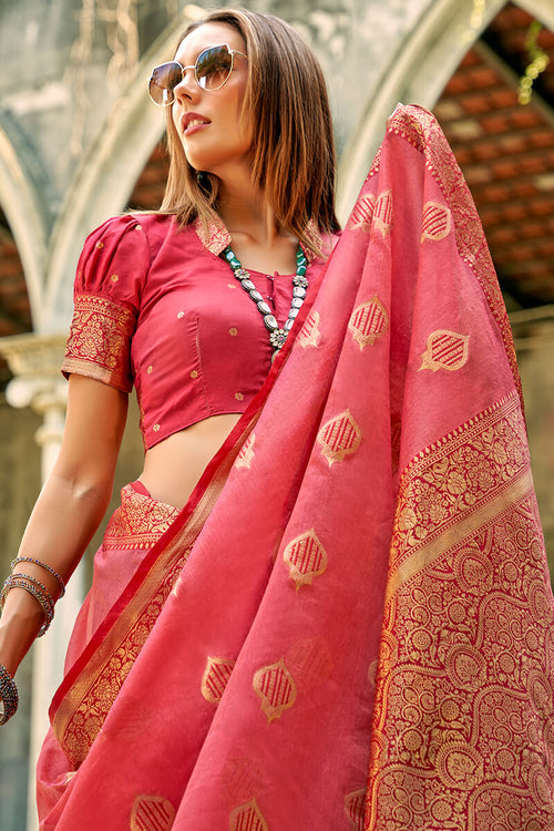 Load image into Gallery viewer, Murmurous Pink Soft Banarasi Tissue Silk Saree With Vestigial Blouse Piece
