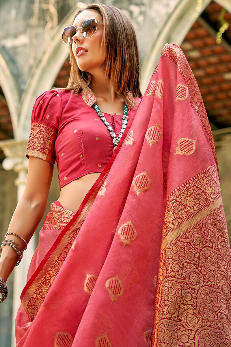 Murmurous Pink Soft Banarasi Tissue Silk Saree With Vestigial Blouse Piece