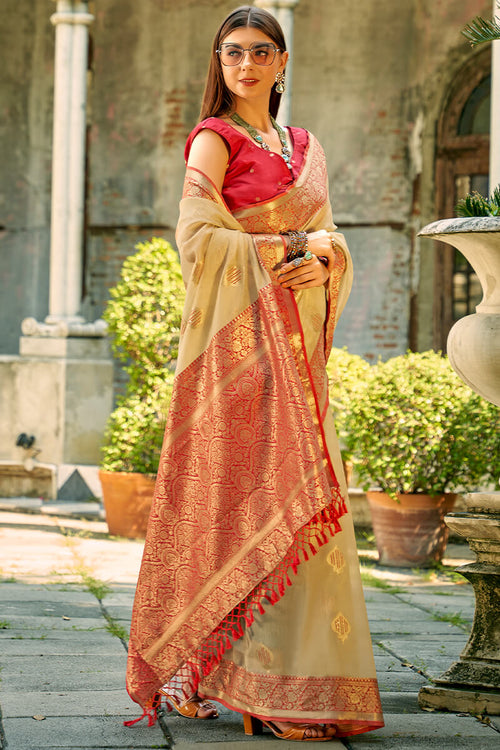 Load image into Gallery viewer, Incredible Beige Soft Banarasi Tissue Silk Saree With Transcendent Blouse Piece
