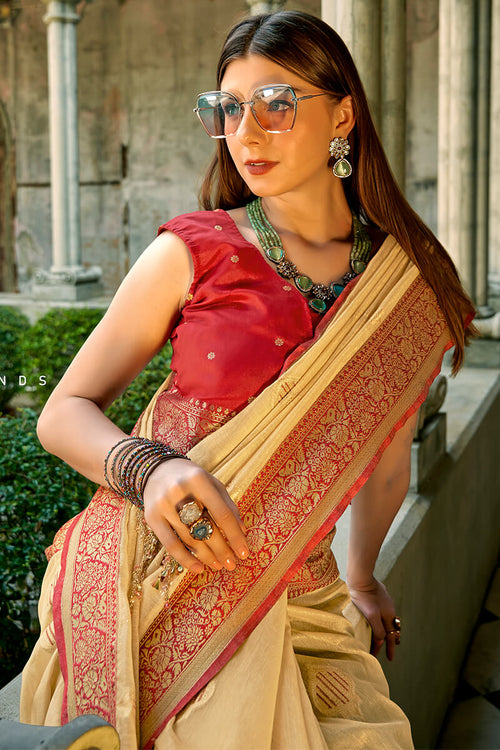 Load image into Gallery viewer, Incredible Beige Soft Banarasi Tissue Silk Saree With Transcendent Blouse Piece
