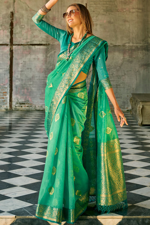 Load image into Gallery viewer, Enthralling Green Soft Banarasi Tissue Silk Saree With Glamorous Blouse Piece
