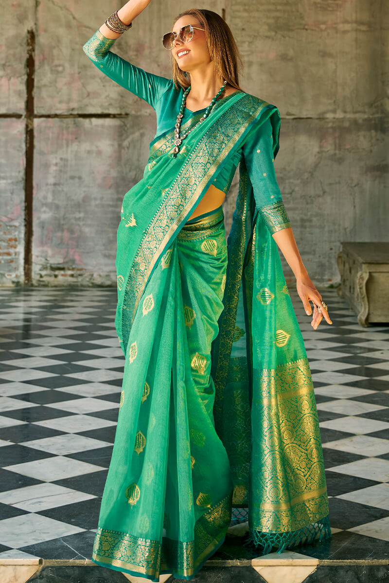 Enthralling Green Soft Banarasi Tissue Silk Saree With Glamorous Blouse Piece